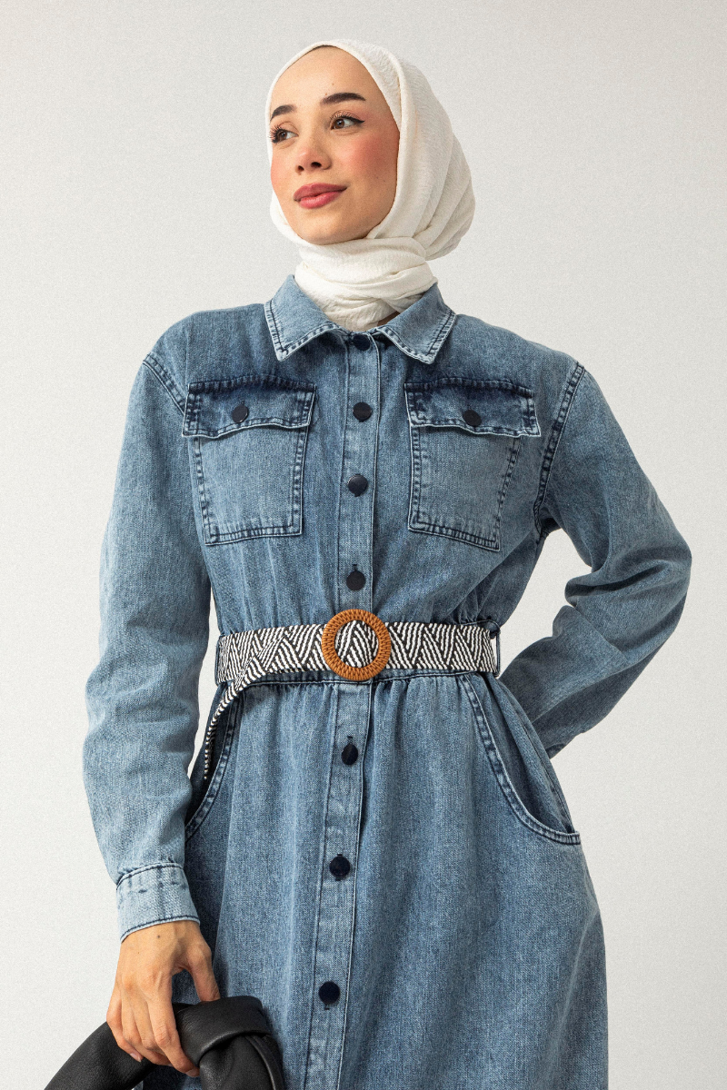 Pocket Detailed Belted Denim Dress