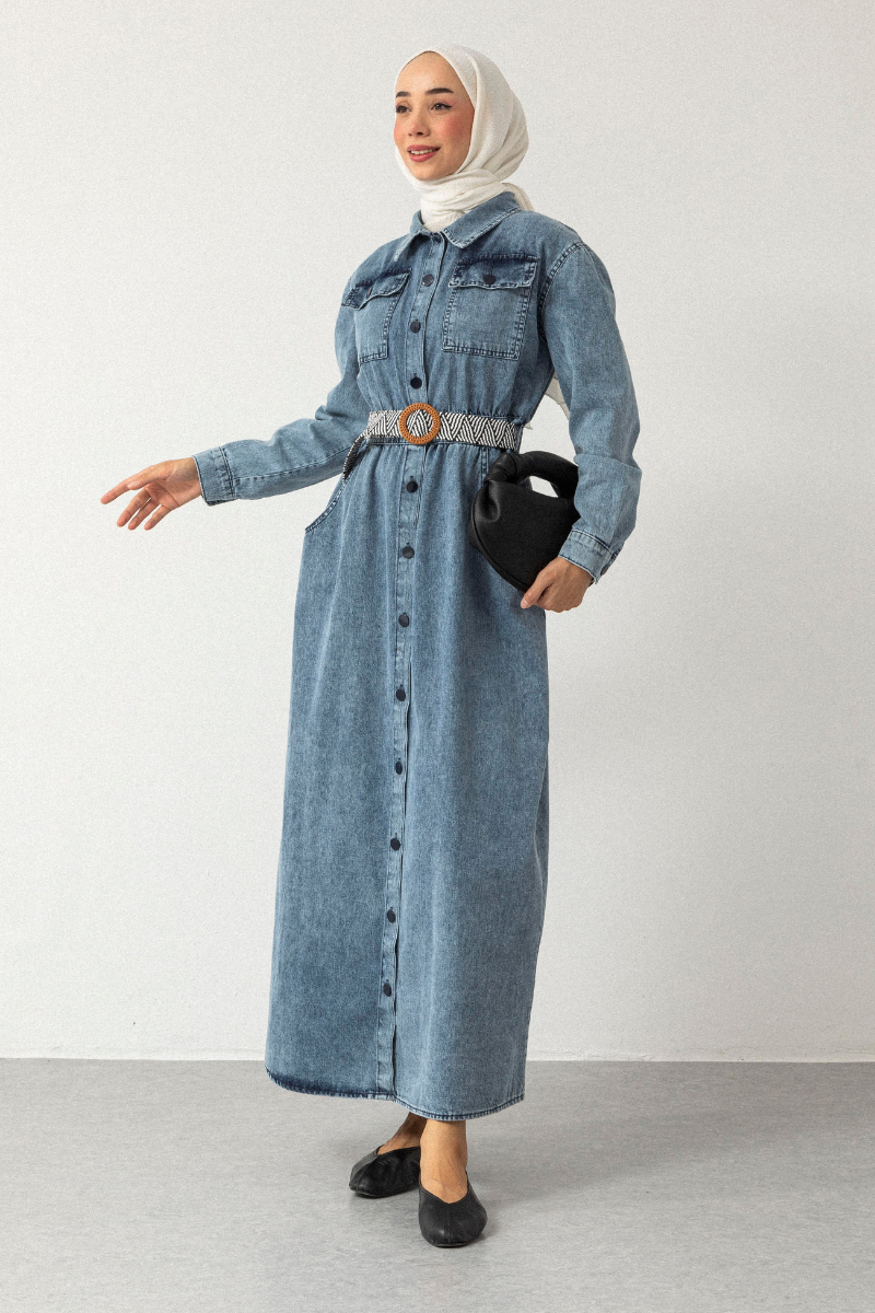 Pocket Detailed Belted Denim Dress